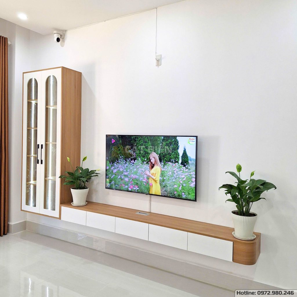 xưởng thiết kế sản xuất thi công lắp đặt kệ tivi, tủ kệ trang trí ngăn phòng khách khu đô thị tây bắc rạch giá