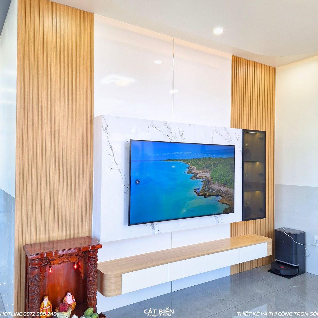 xưởng thiết kế sản xuất thi công lắp đặt kệ tivi, vách trang trí lam sóng, tủ bếp, phụ kiện bếp thông minh, giường ngủ, tủ đầu giường, tủ quần áo, bàn trang điểm, bàn làm việc, vách thờ CNC An Biên