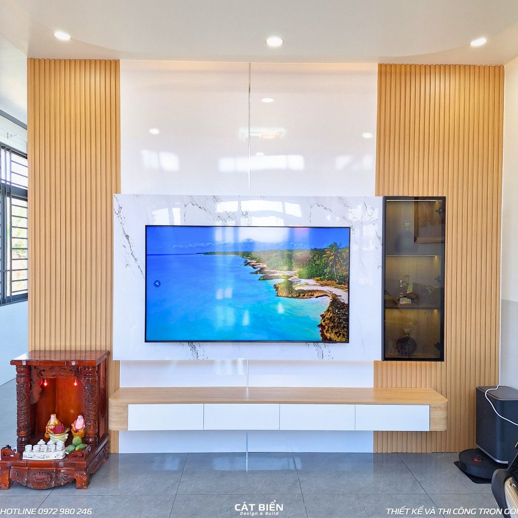 xưởng thiết kế sản xuất thi công lắp đặt kệ tivi, vách trang trí lam sóng, tủ bếp, phụ kiện bếp thông minh, giường ngủ, tủ đầu giường, tủ quần áo, bàn trang điểm, bàn làm việc, vách thờ CNC An Biên