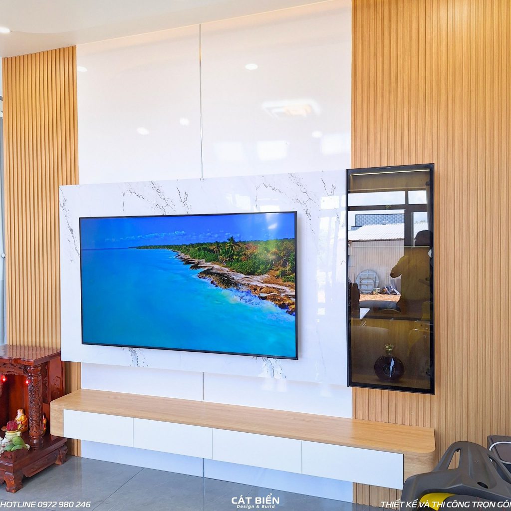 xưởng thiết kế sản xuất thi công lắp đặt kệ tivi, vách trang trí lam sóng, tủ bếp, phụ kiện bếp thông minh, giường ngủ, tủ đầu giường, tủ quần áo, bàn trang điểm, bàn làm việc, vách thờ CNC An Biên