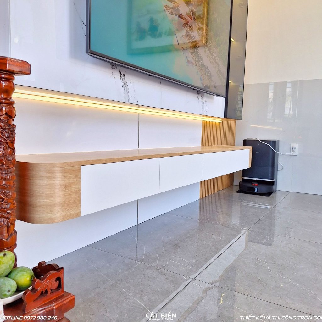 xưởng thiết kế sản xuất thi công lắp đặt kệ tivi, vách trang trí lam sóng, tủ bếp, phụ kiện bếp thông minh, giường ngủ, tủ đầu giường, tủ quần áo, bàn trang điểm, bàn làm việc, vách thờ CNC An Biên